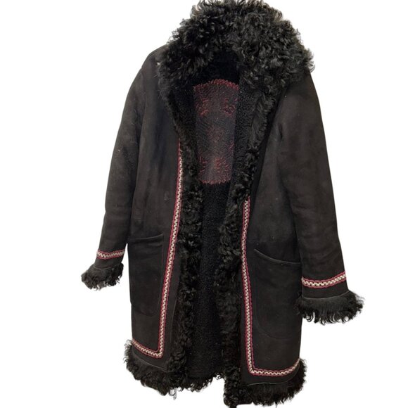 Bazar delux Couture black suede shearling printed back Penny lane Coat 40 M - Picture 2 of 6